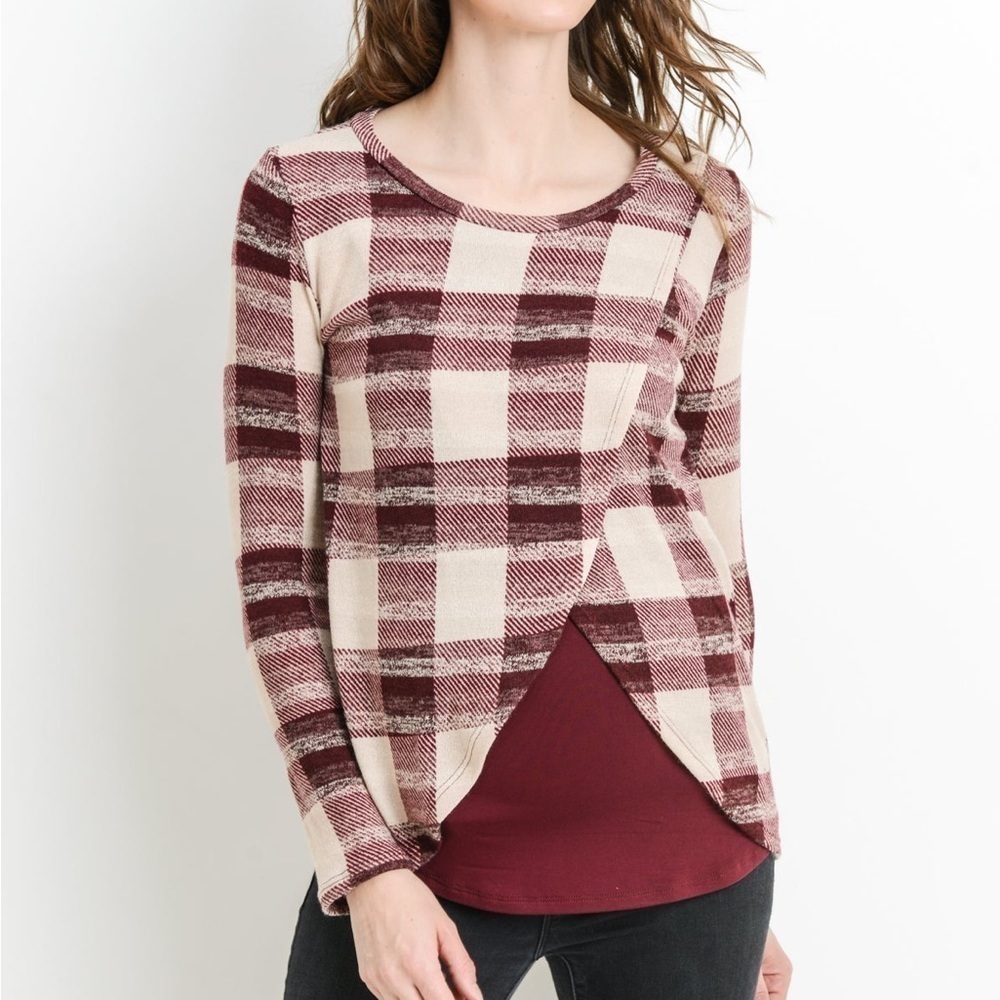 Hello Miz Plaid Overlap Sweater Knit Maternity & Nursing Top Size M